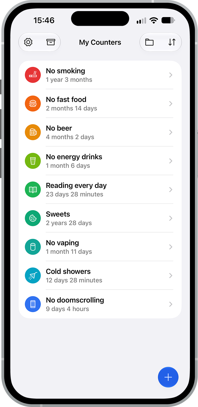 Scavee on iPhone: a list of counters, each with its own icon and colour, showing how long it has been.